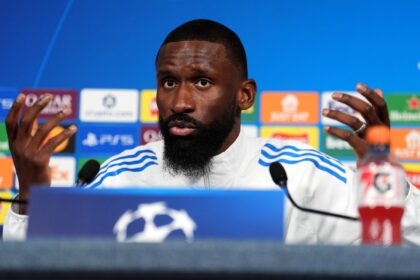 Real Madrid’s Antonio Rudiger during the press conference at the Etihad Stadium, Manchester. Picture date: Monday March 16, 2026. (Photo by Martin Rickett/PA Images via Getty Images) PA Images via Getty Images