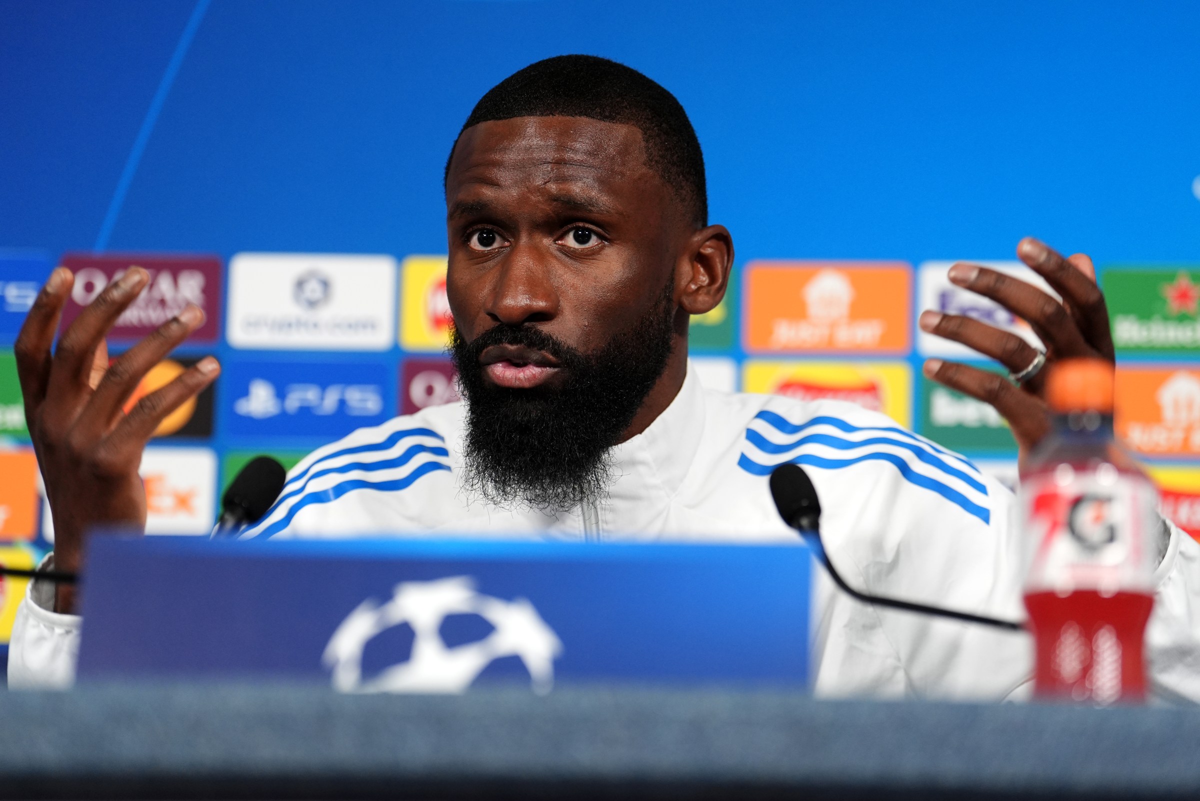 Real Madrid’s Antonio Rudiger during the press conference at the Etihad Stadium, Manchester. Picture date: Monday March 16, 2026. (Photo by Martin Rickett/PA Images via Getty Images) PA Images via Getty Images